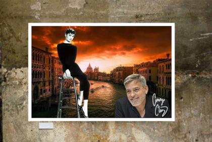 GEORGE CLOONEY + AUDREY HEPBURN in Venedig Souvenir. 60x40 cm. Blickfang! Gesche