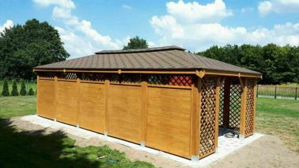 GARTENHAUS GARTENLAUBE KLEBEDACH MIT HOLZ BEDZIN BITUMENSCHINDELN 4x8m