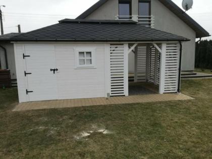 FERIENHAUS 2in1 GARTENHAUS GARTENLAUBE ÜBERDACHUNG KLEBEDACH MIT HOLZ