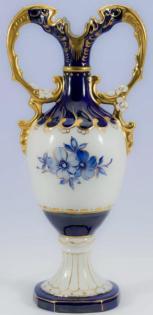 Royal Dux Bohemia – Henkel Vase Amphore – Weiß Gold Blau Handbemalt - 28 cm