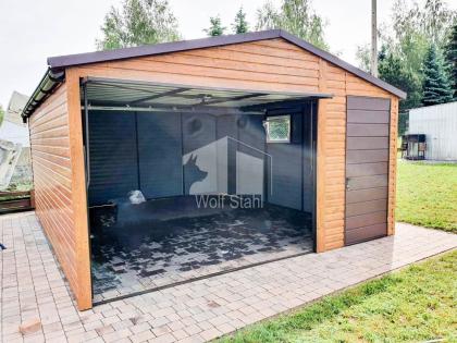  Blechgarage 4,5x6m Metallgarage Schwingtor Satteldach Holzoptik Metalldachziege