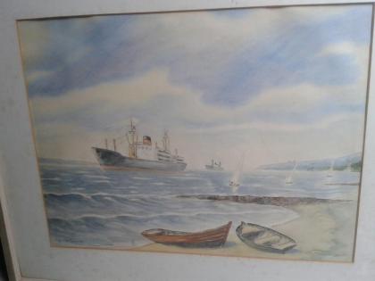 Aquarell mit Schiffen, gerahmt, Bild, original Signatur