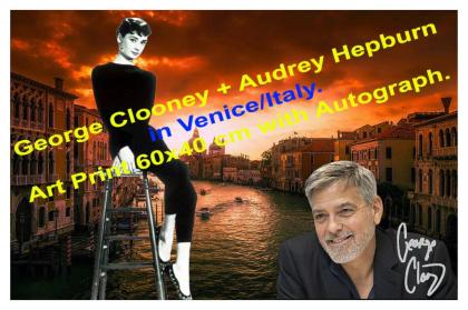 GEORGE CLOONEY + AUDREY HEPBURN in Venedig Souvenir. 60x40 cm. Blickfang! Gesche