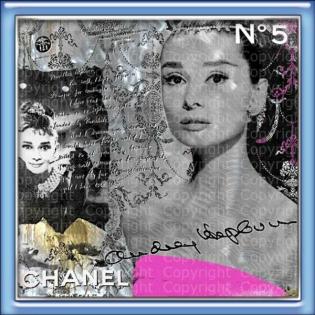 A u d r e y H e p b u r n Collage CHANEL No. 5 signiert. Makelloser Kunstdruck.