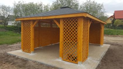 GARTENHAUS GARTENLAUBE KLEBEDACH HOLZ LEHENBERG BITUMENSCHINDELN 6x4m