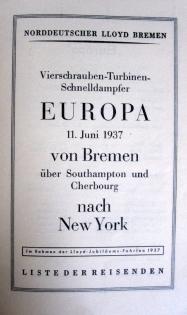 Passagierliste Norddeutscher Lloyd Bremen von 1937 v. Bremen n. New York