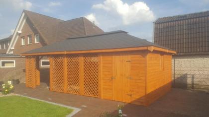 GARTENHAUS 2IN1 7x4m GARTENLAUBE KLEBEDACH HOLZ HANOVER BITUMENSCHINDELN Neuware