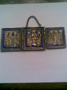 Triptych Ikone Reiseikone Bronze russisch original aus dem 20. Jahrhundert Tript