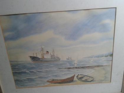 Aquarell mit Schiffen, gerahmt, Bild, original Signatur