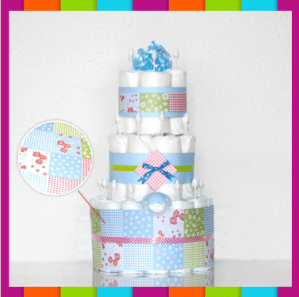 Windeltorte XXL 3-stöckig mit Motiv Muster zur Taufe Geburt Babygeschenk