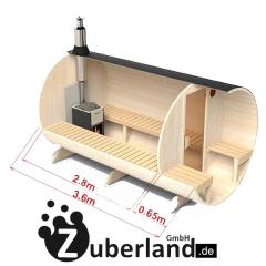 3, 6m Fichten Sauna 2m Durchmesser mit Terrasse und 6kW Elektroofen, Sauna-Fass,