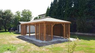 GARTENHAUS GARTENLAUBE KLEBEDACH MIT HOLZ BEDZIN BITUMENSCHINDELN 4x8m