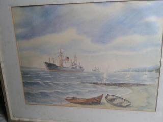 Aquarell mit Schiffen, gerahmt, Bild, original Signatur