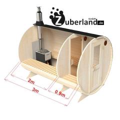 3m Fichten Sauna mit Vorraum 2, 2m Durchmesser und Holzofen, Sauna-Fass, Saunafa